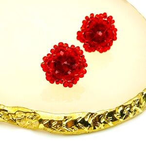 Delicate hand beaded red heirloom garden rose earrings